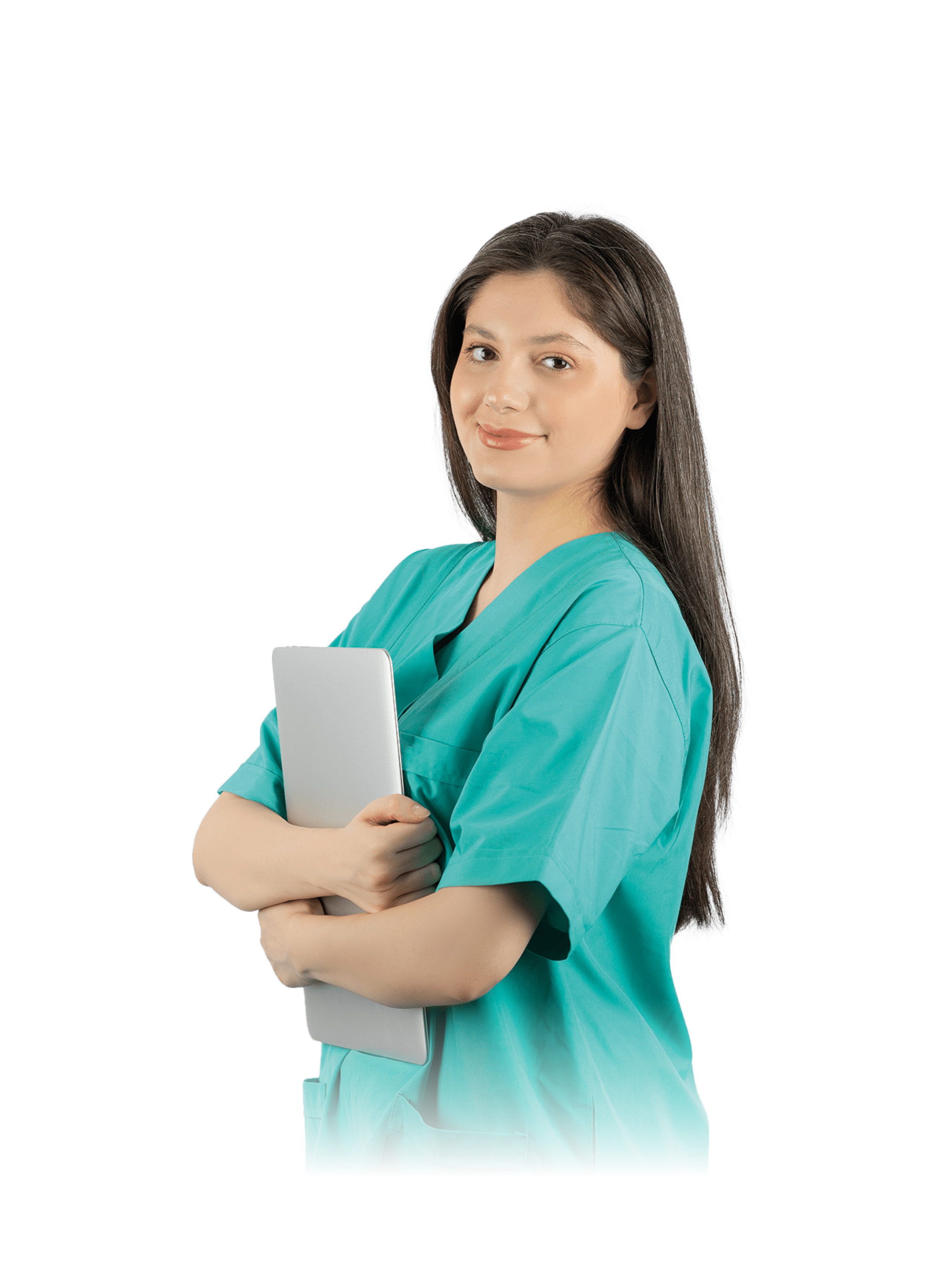 Verpleegkundige in turquoise uniform met tablet, symboliseert professionele zorg in de MBO Verpleegkundige opleiding.